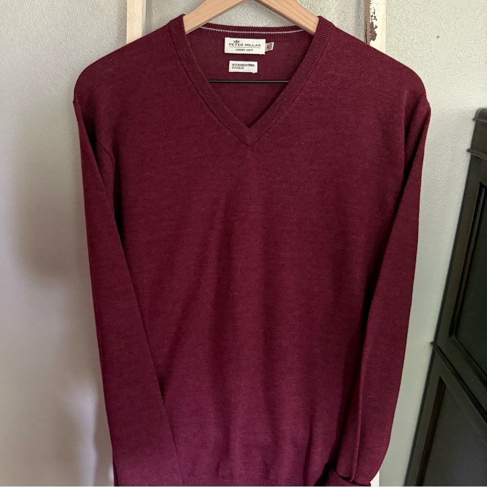 Peter Millar Crown Soft Men's Burgundy V-Neck Sweater Merino Wool Silk Blend Med